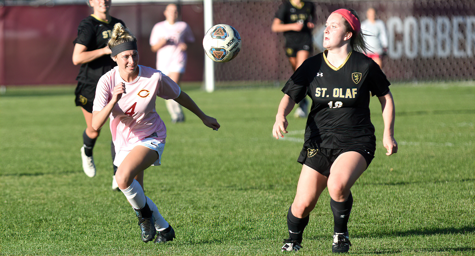 Freshman Kylie Osborn goes after the ball during the second half of the Cobbers' game with St. Olaf. She scored her first collegiate goal in the game.