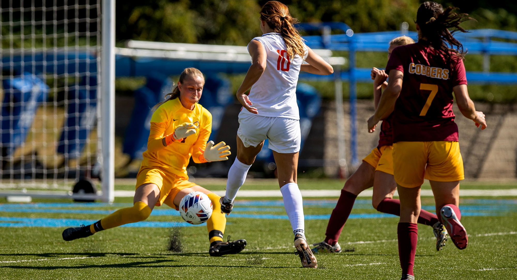 Senior goalie Bre Nelson makes one of her five saves in the Cobbers' 0-0 tie at UW-Platteville. (Photo courtesy of UW-Platteville SID).