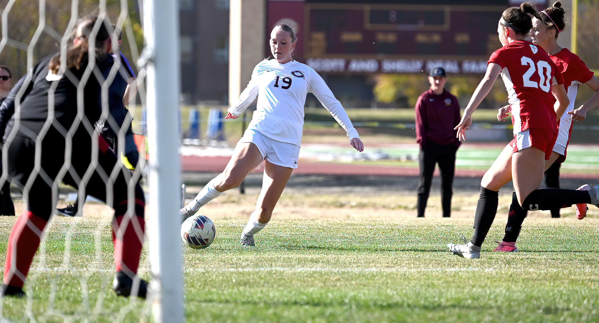 Emma Sheflo drives the ball towards the St. Ben's goal in the first half of the Cobbers' 2-1 win. Sheflo had the assist on the game-winner for CC.