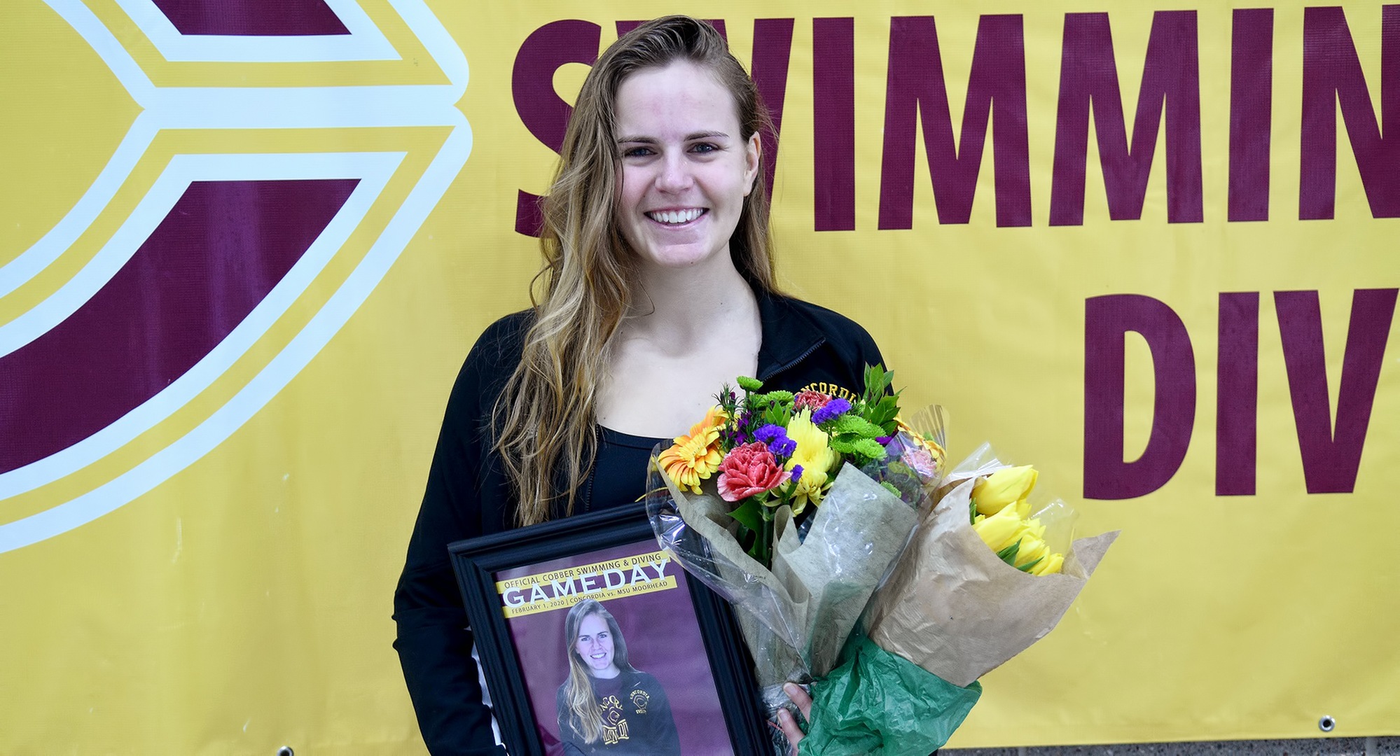Lydia Larson was honored during the Cobber dual meet with MSU Moorhead as part of the annual Senior Celebration Meet.