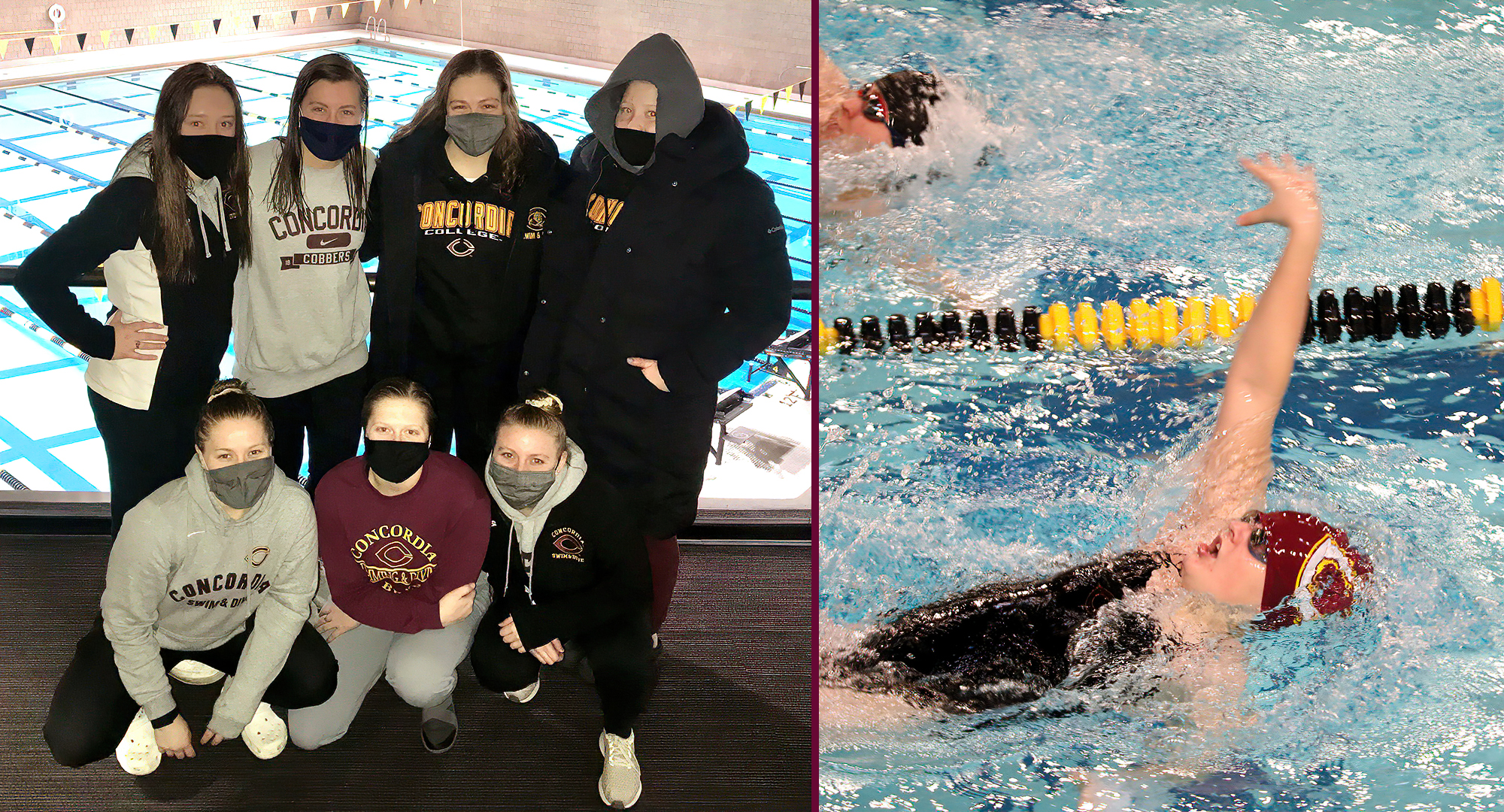 The Cobber swim & dive team poses for a pic after hearing up the Gustavus pool on Saturday. CC went 2-1 in dual competition and posted several impressive finishes.