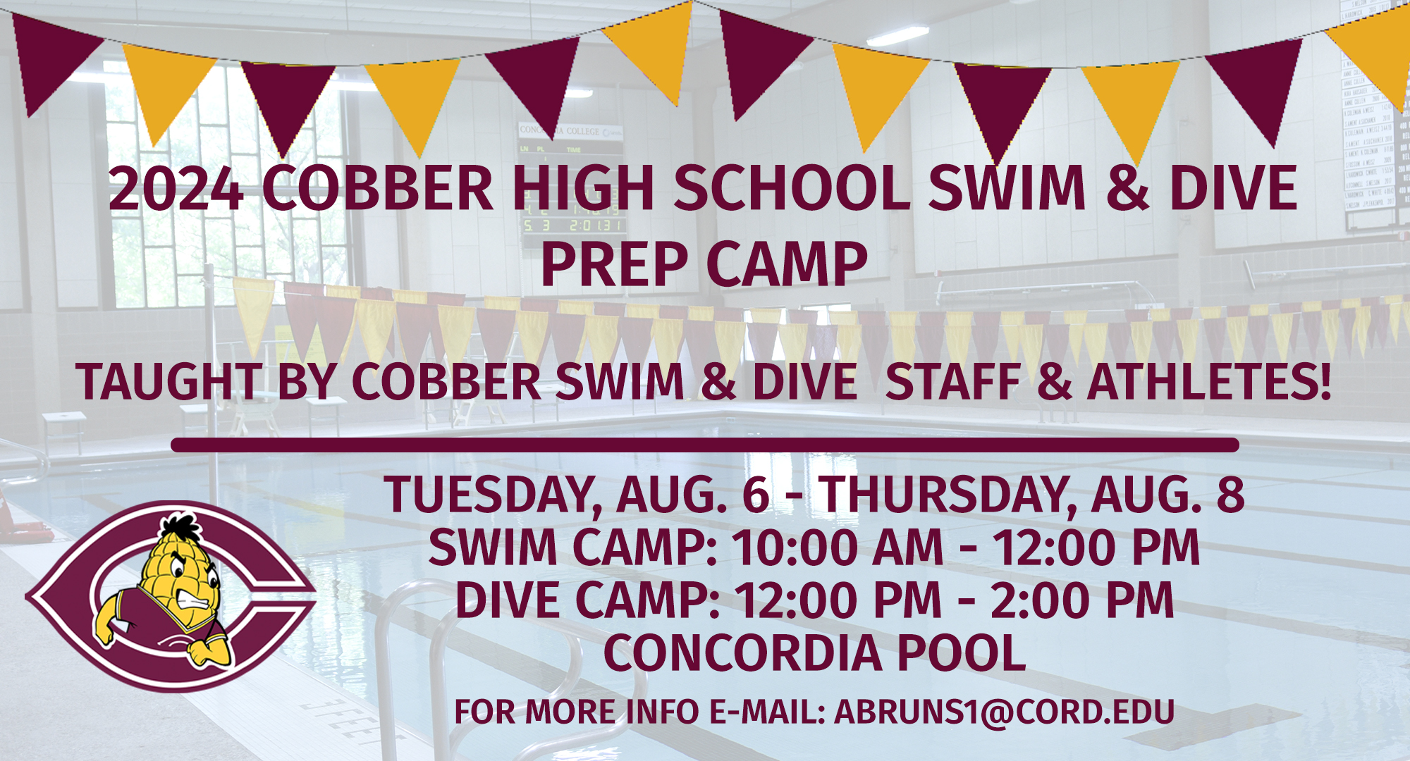 Swimming and diving head coach Anneliesse Bruns announced that the Cobber team will host a high school swim and dive prep camp.