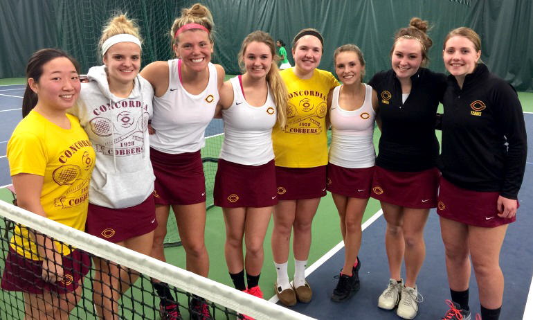 The victorious Cobbers pose after Taylor Peterson's match-clinching win in the 2015 season opener against Bemidji State.