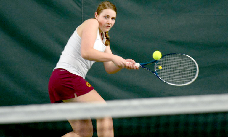 Kendra Stoick was one of three freshman to earn their first collegiate singles win in the team's 7-2 victory over Minn.-Crookston.