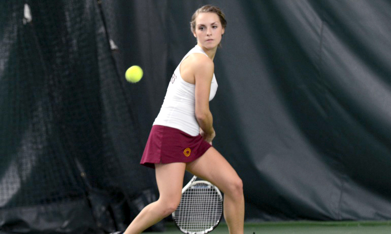Senior Taylor Peterson won her singles match against Macalester and is now tied for the team lead in singles victories.
