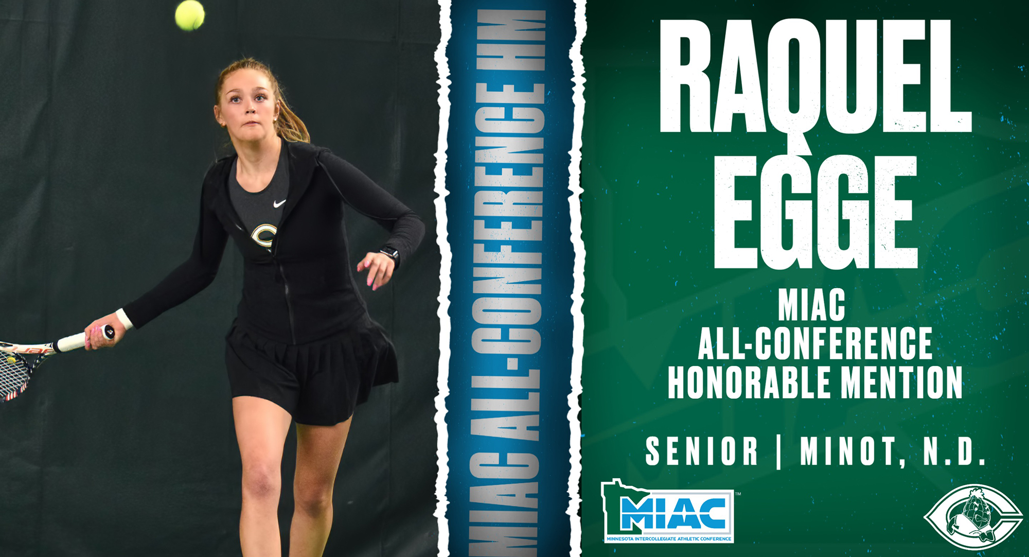 Raquel Egge earned MIAC postseason honors for the second time as she was named to the All-Conference Honorable Mention Team in singles play.
