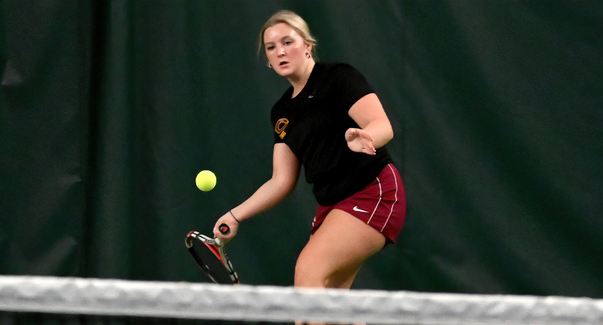 First-year Cobber Bell Hamre battled into extra points in the super-set tie-breaker in her match at No.6 singles in CC's dual with Minn.-Crookston