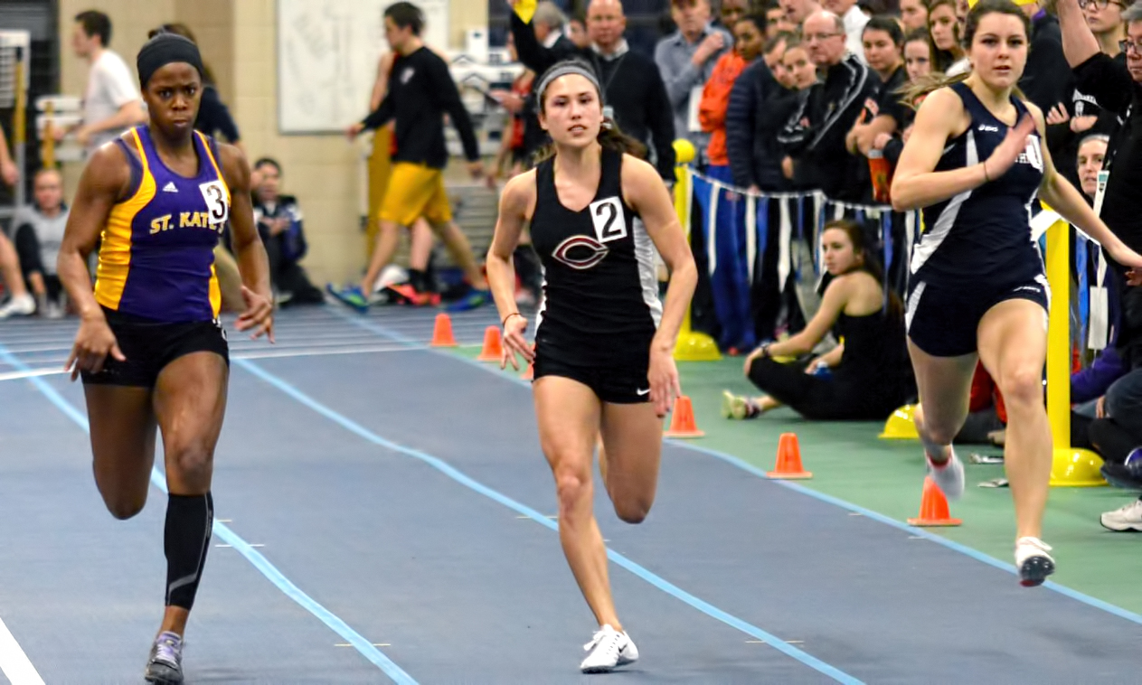 Sophomore Hannah Lundstrom races to an All-Conference finish in the 55-meter dash on Day 1 of the MIAC Indoor Meet. (Photo courtesy of Matt Higgins - MIAC Office)