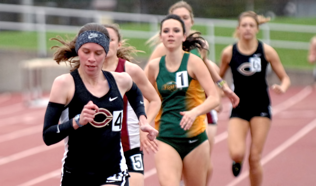 Sophomore Maria West races in the 800 meters at the Cobber Twilight. She finished third in a career best time of 2:23.26.