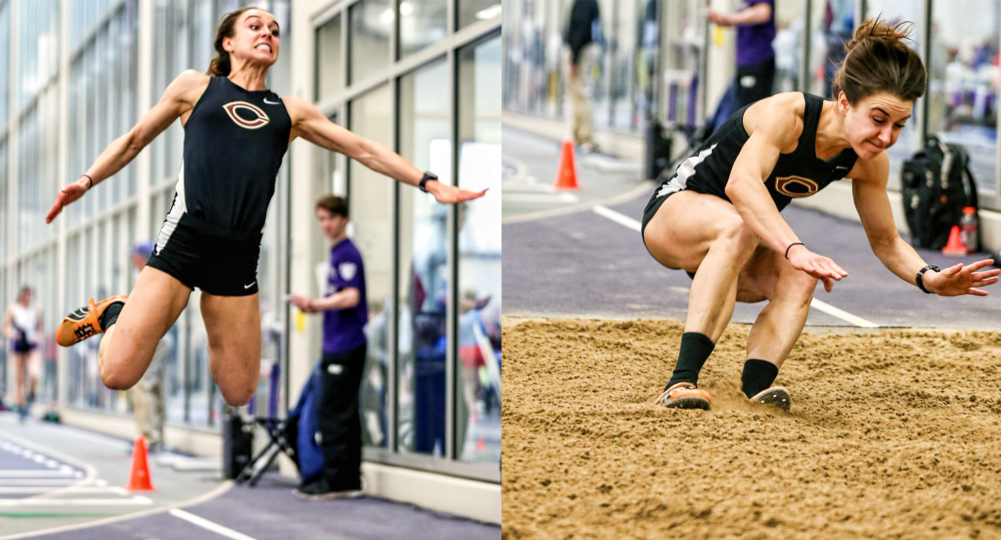 Senior Emma Peterson flys and then lands in the triple jump at the MIAC Meet. She broke the conference, and school, record in the event. (Photos courtesy of Nathan Lodermeier)