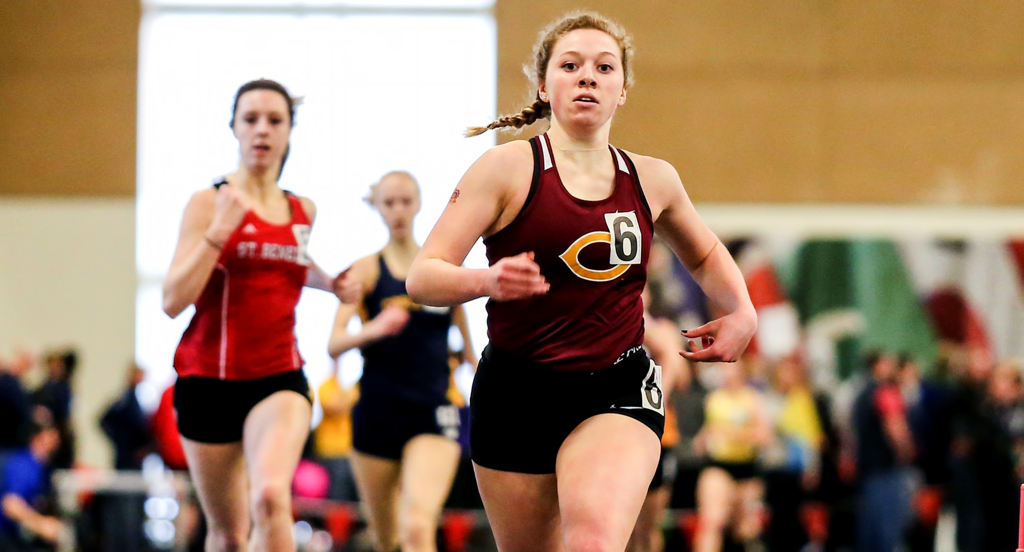 Freshman Josie Herrmann ran a career-best time of 1:40.14 in the 600 meters and placed seventh. She was one of eight Cobber athletes to post a Top 10 finish. (Photo courtesy of Nathan Lodermeier)