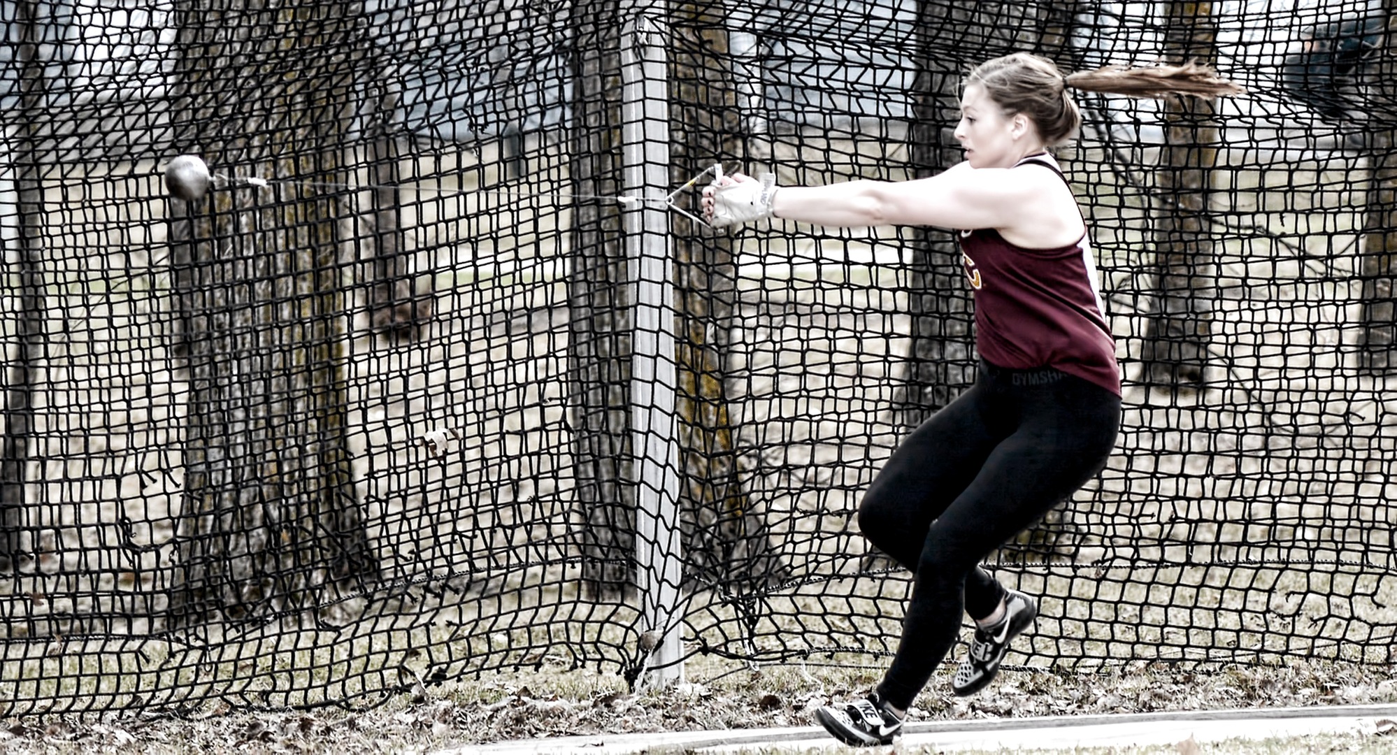 Bailey Hovland gets ready to release the hammer on her way to breaking her own school record on her second attempt in the hammer throw at the Cobber Twilight Meet.