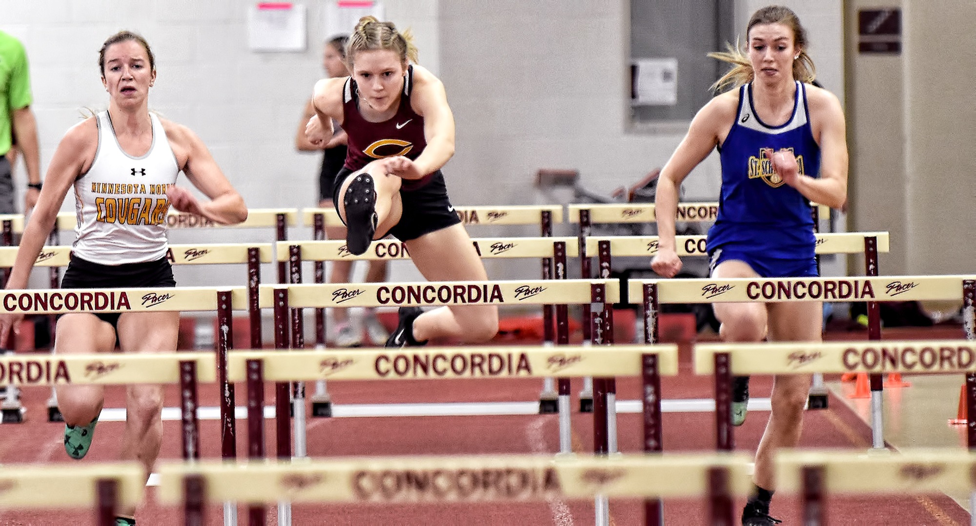 Sophomore Nicole Lilleberg races past the competition on her way to winning the 60-meter hurdles at the season-opening Cobber Open.