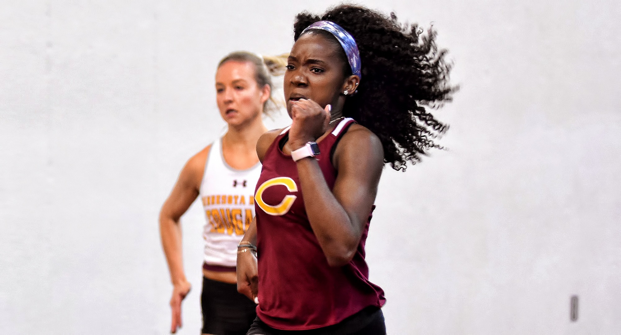 Senior Zahra Banks won the 60-meter dash at the St. Benedict Invite with the fifth fastest time in school history. Her event win helped the Cobbers claim the team championship.