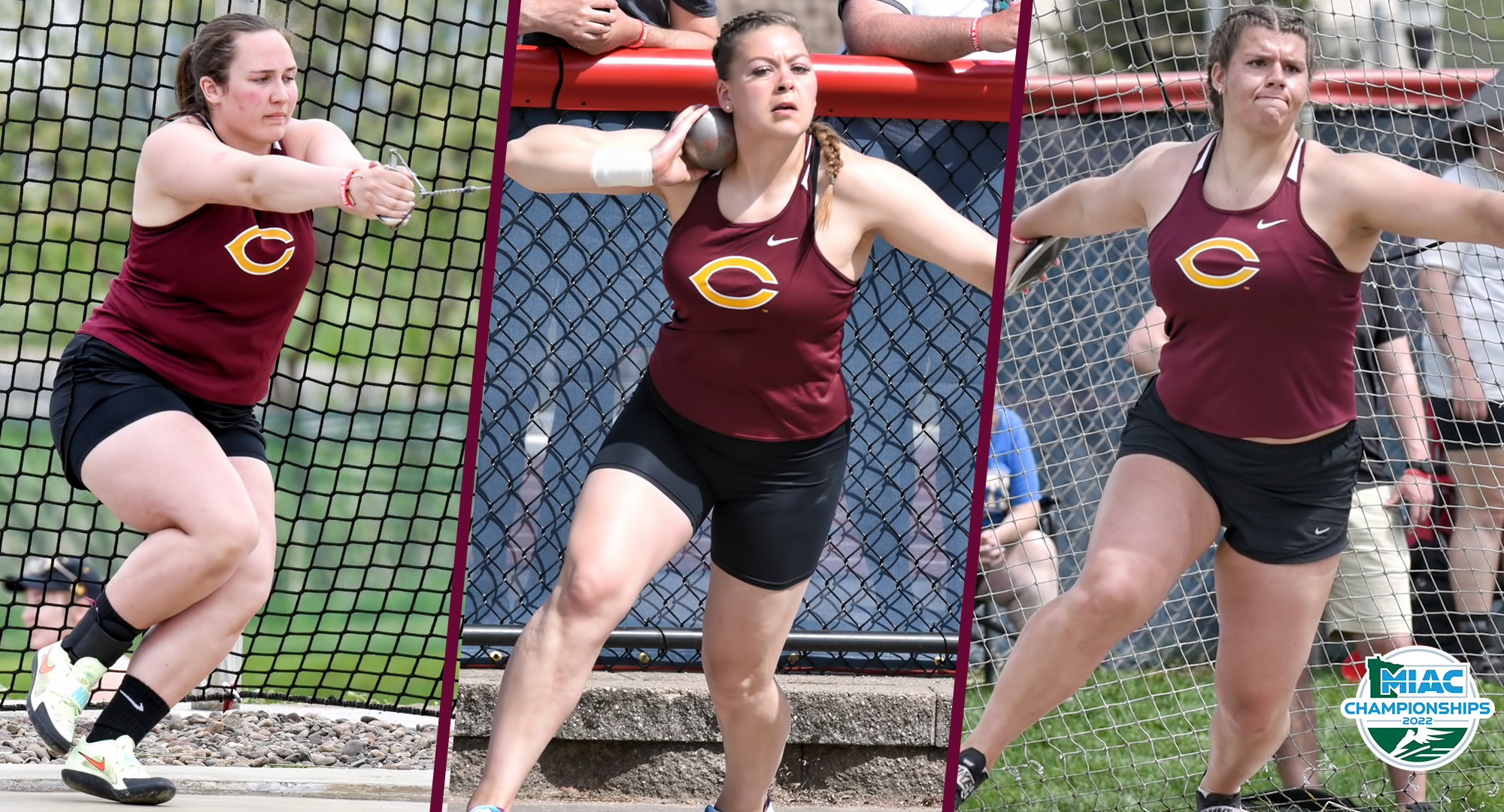 (L-R) Allyson Kangas, Cayle Hovland and Jacey Schlosser combined to post eight Top 8 finishes at the MIAC Outdoor Championship Meet.