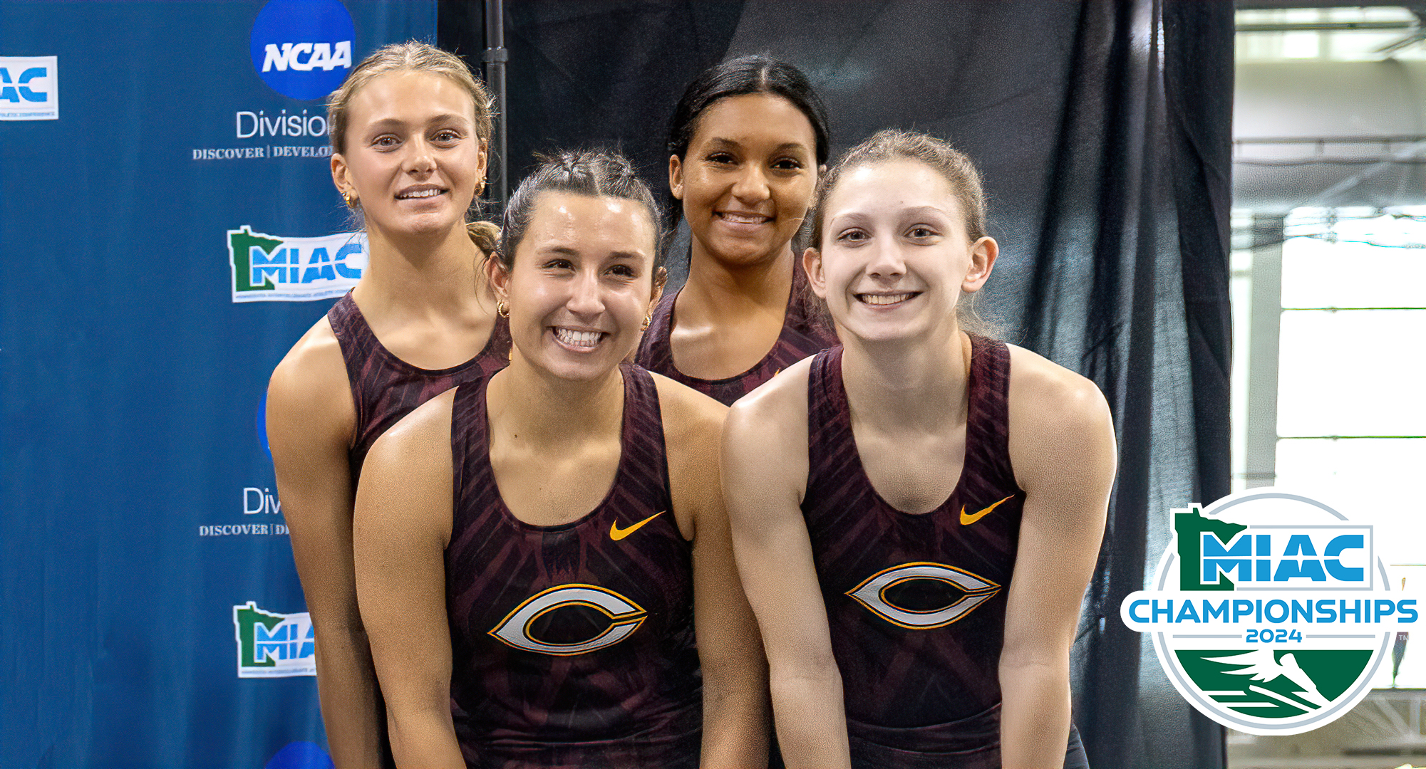 The Cobber crew of (L-R) Kyla Nygaard, Andie Sandman, Piper Osborne and Emily Rengo broke the school record in the 4x200-meter relay.