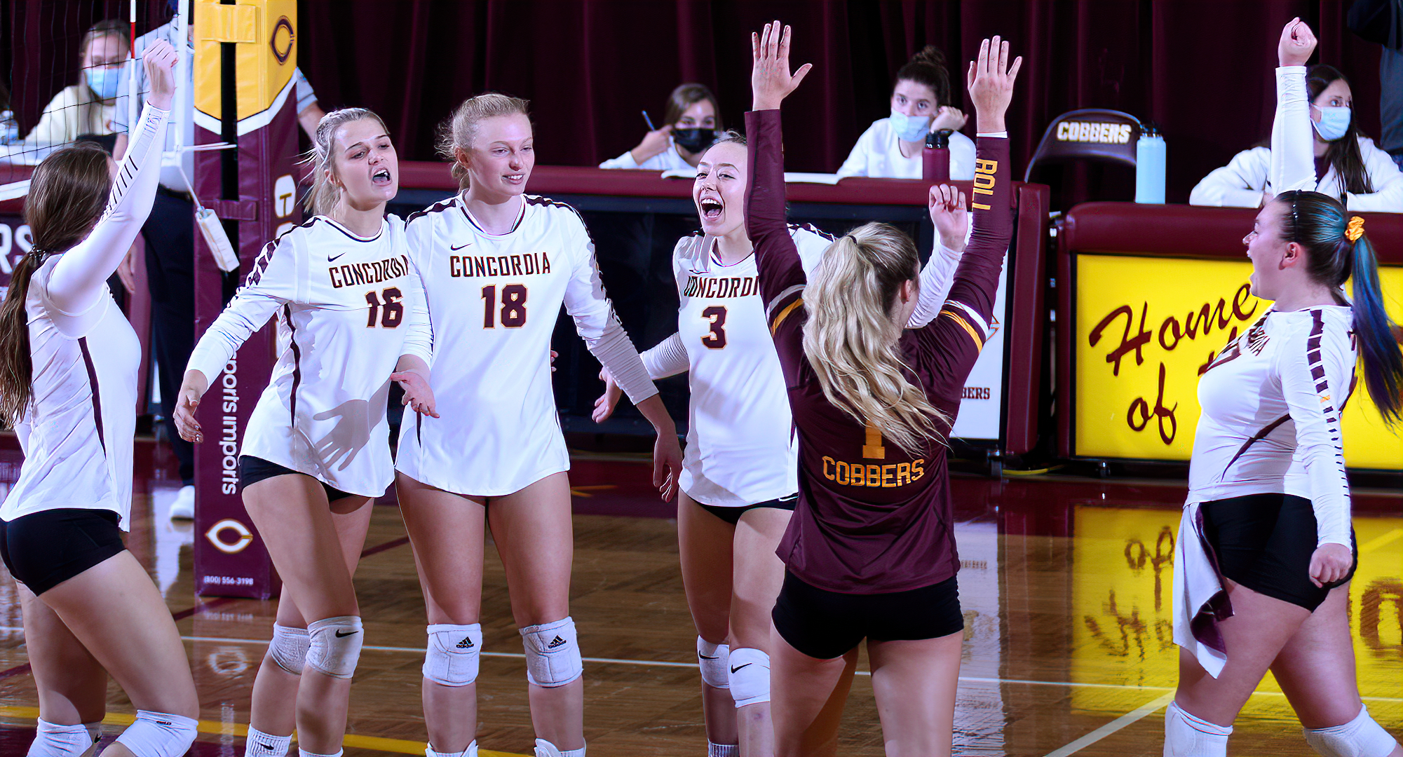 Concordia celebrates match point in their 3-1 win over St. Mary's.