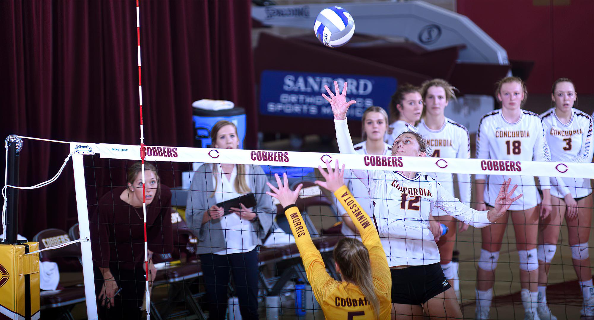 Sophomore Peyton Selle goes for the tip down the line during the Cobbers' match with Minn.-Morris. Selle was one of three CC players with nine kills.