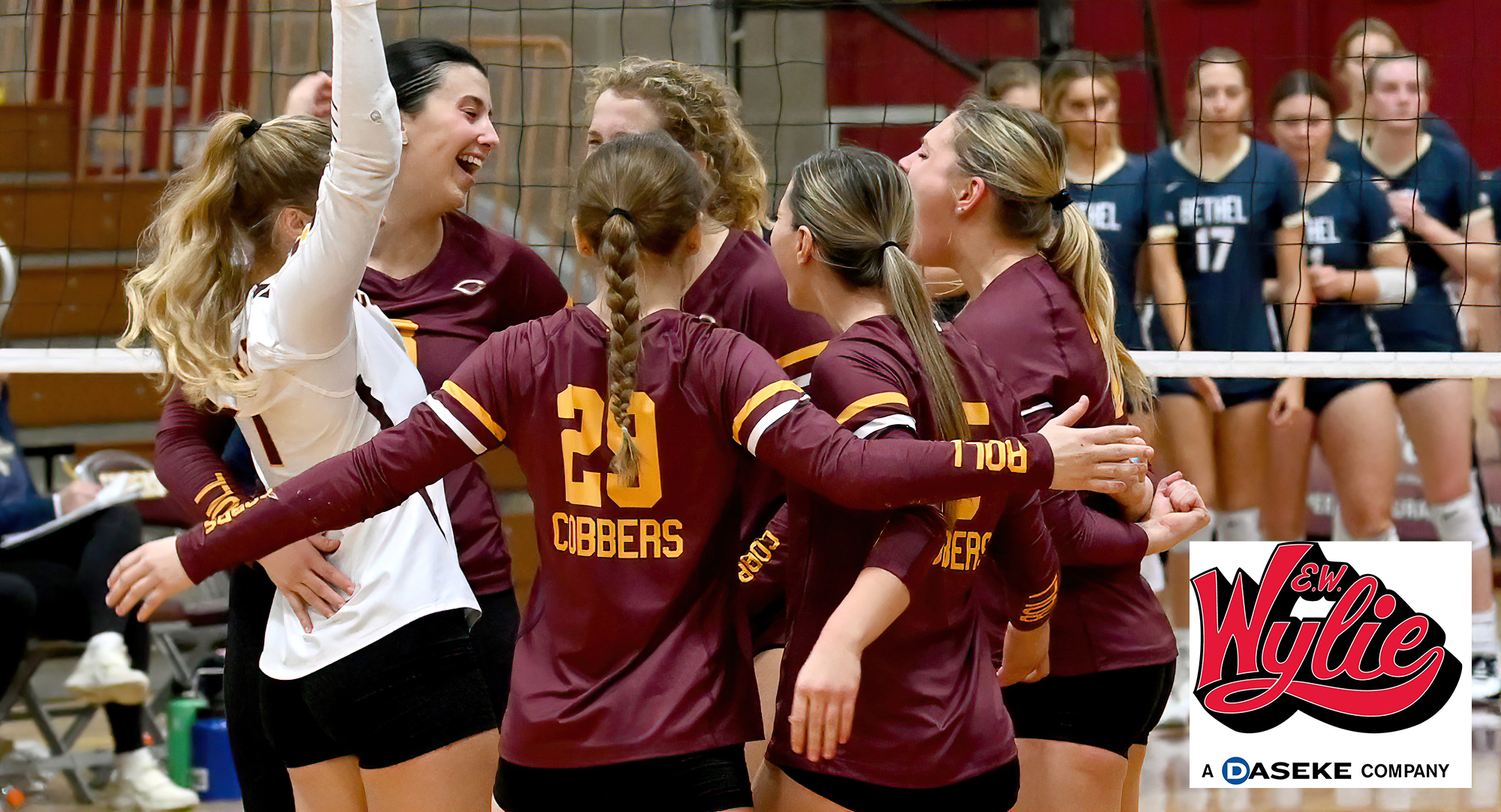 Concordia is all smiles after match point in their 3-2 win over Bethel. The victory moves CC into 5th place and is the first win over BU since 2013.