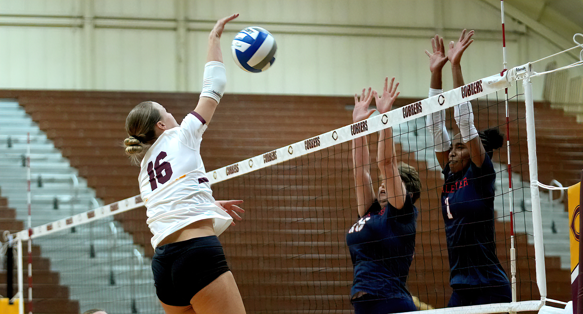 Jordyn Johnson (#16) had a career-high nine kills and added two blocks in the Cobbers' non-conference match with Mayville State.