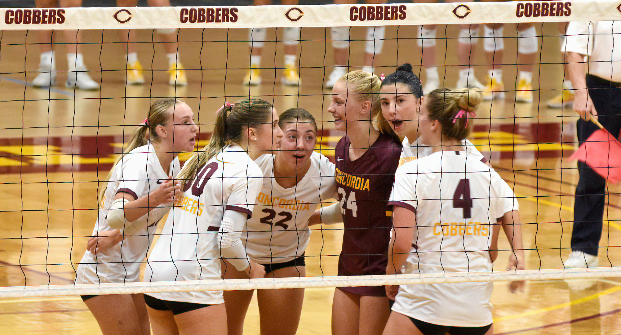 Concordia celebrates winning a point in its 3-1 win over St. Scholastica. The Cobbers are now 2-2 at home this season.