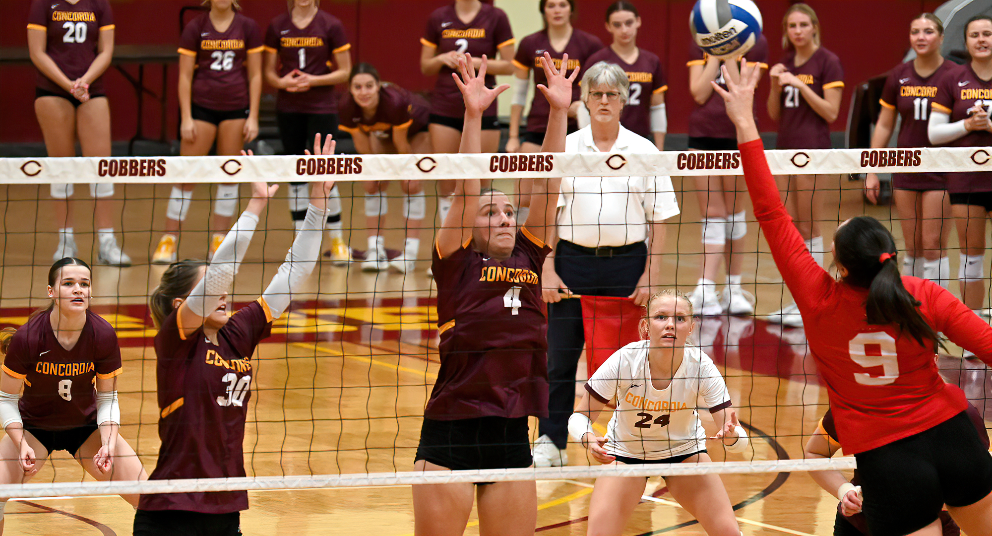 Maria Watt (#4) led Concordia with a pair of blocks in the team's final non-conference match of the season at Northwestern (Minn.)