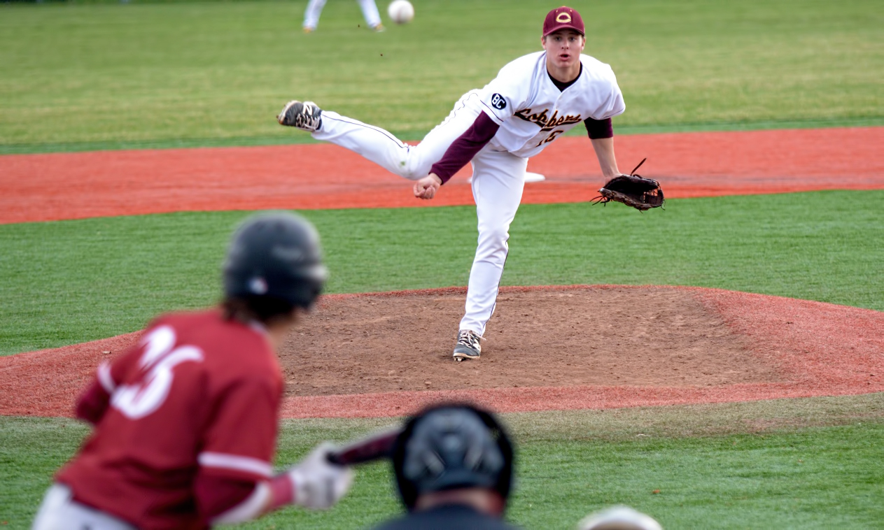 Sophomore pitcher Tanner Kluis delivers a pitch in Game 1 of the Cobbers' doubleheader with Hamline. He retired the final nine batters he faced in the opener.