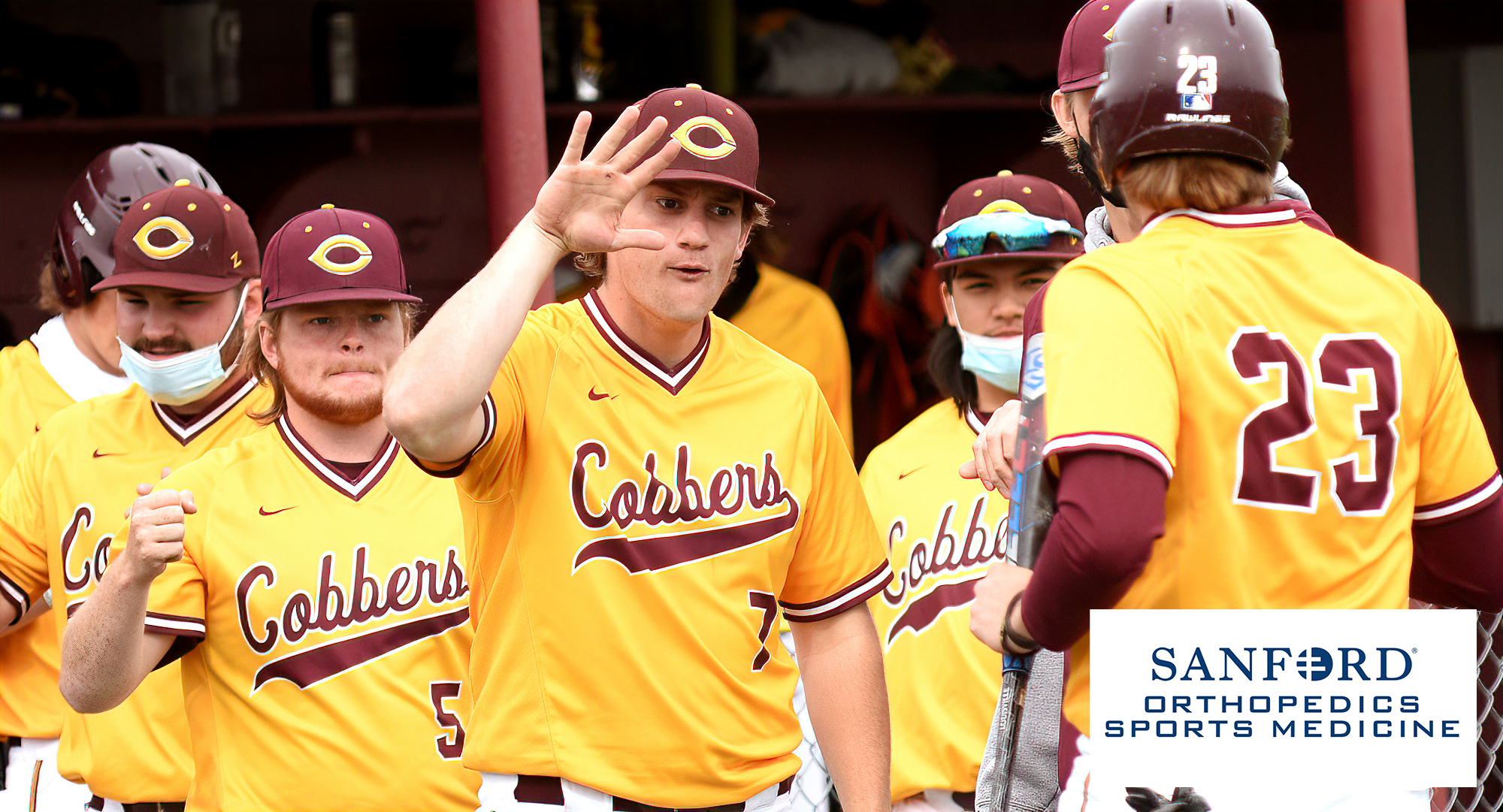 Sean McGuire (center #7) was 4-for-4, drove in two runs and scored two runs in the Cobbers' upset bid against DI NDSU.