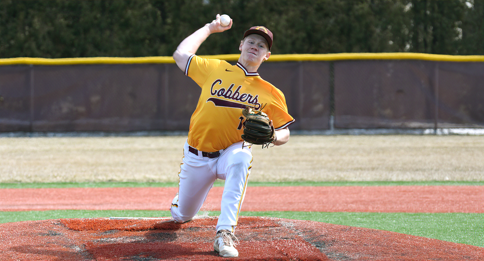 Freshman Jacoby Nold delivers a pitch during his complete-game, 2-hitter in the Cobbers' sweep over Hamline.