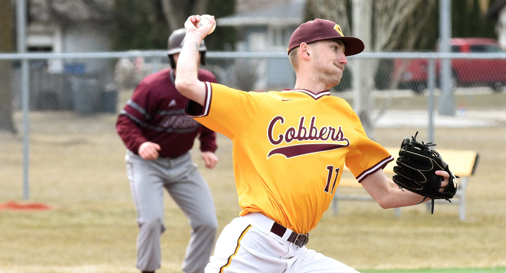 Senior Ashwin Stratton pitched a complete game, and only allowed four runs, in the Cobbers' opener against Farmingdale State.