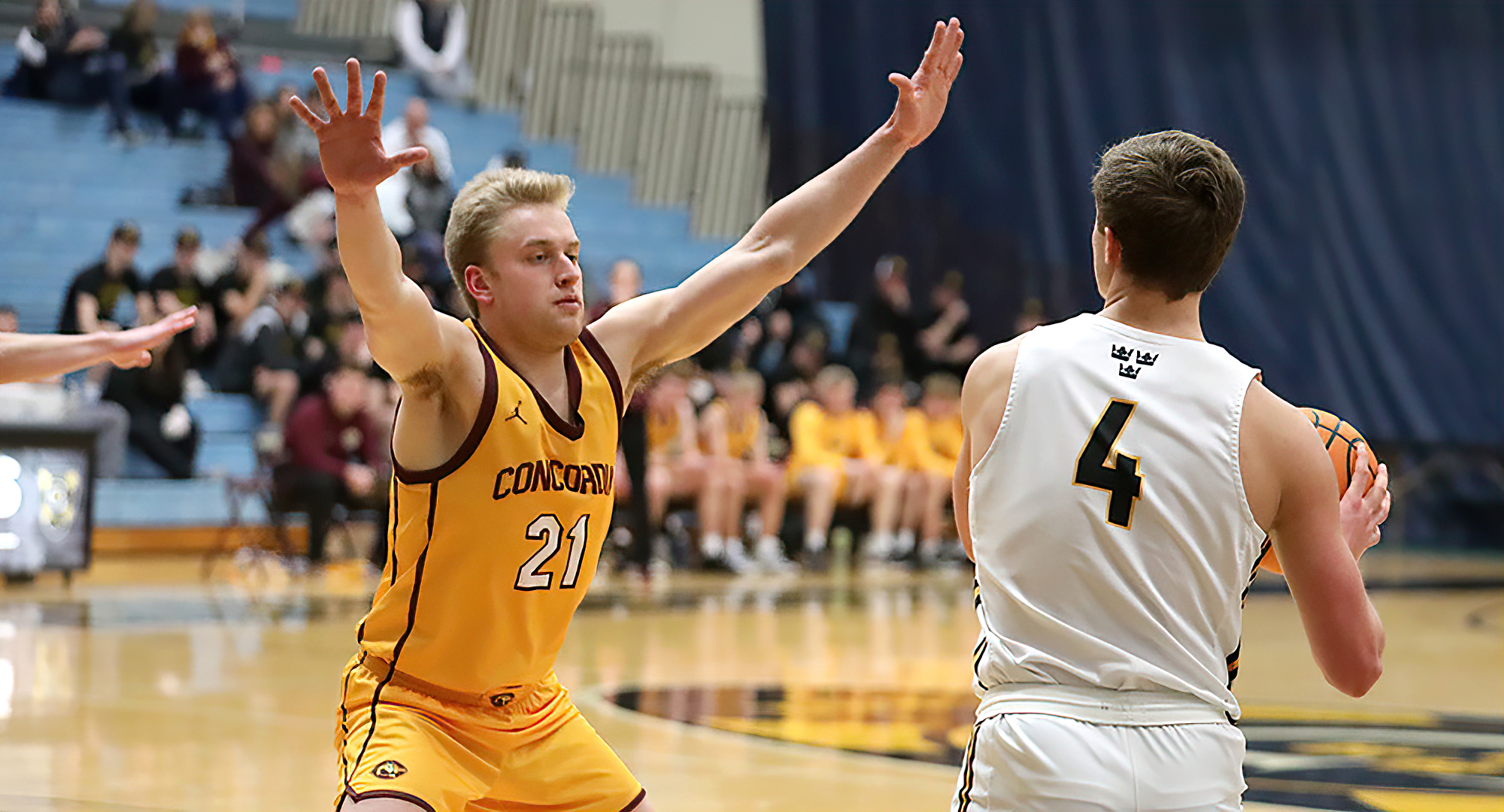David Birkeland plays defense on the wing in the second half of the Cobbers' game at Gustavus. (Photo courtesy of Piper Otto, Gustavus SID)