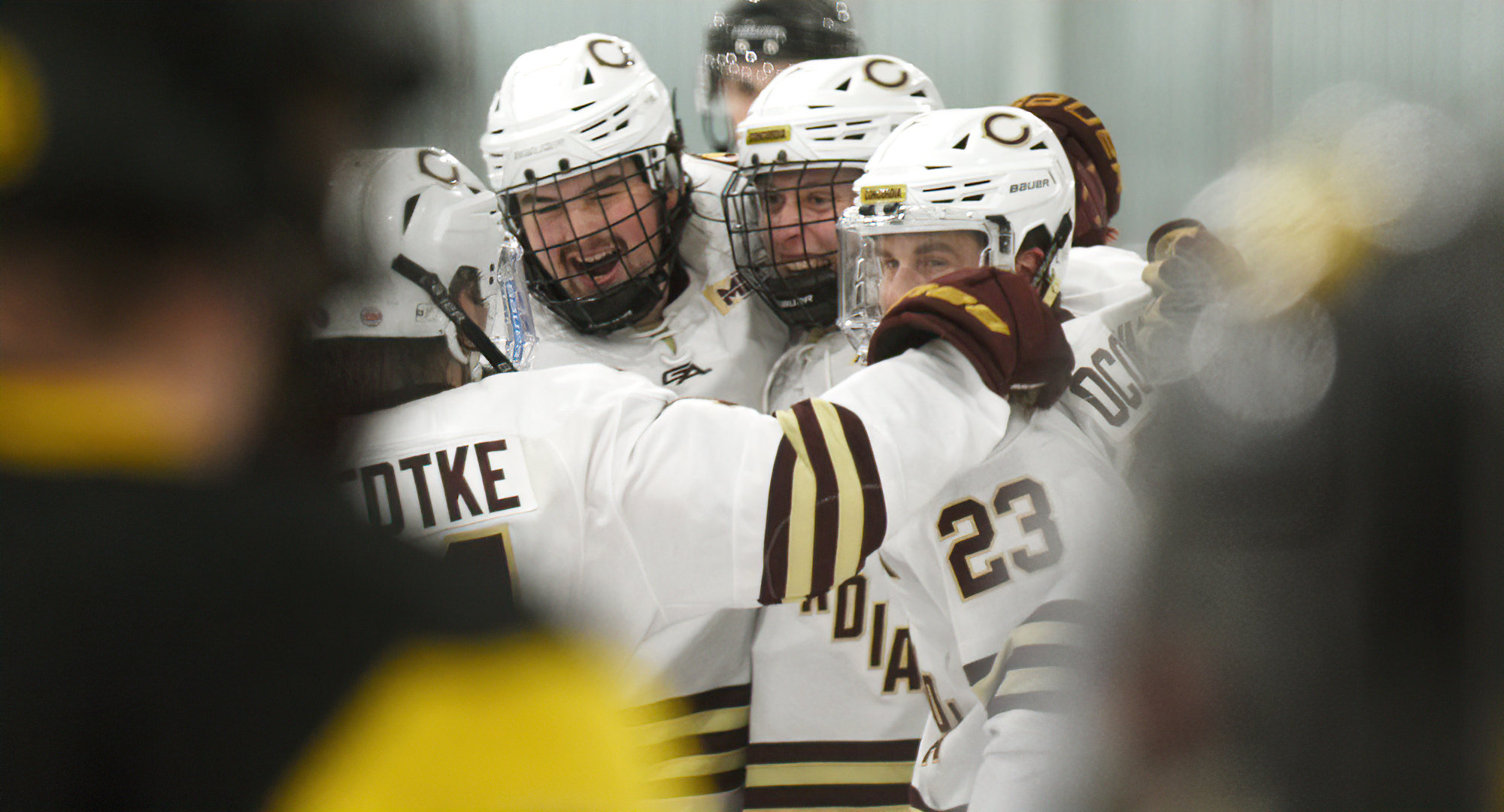 The Cobbers celebrate the first caeeer goal from Garrett Sandberg in the second period of their series opener with Gustavus.