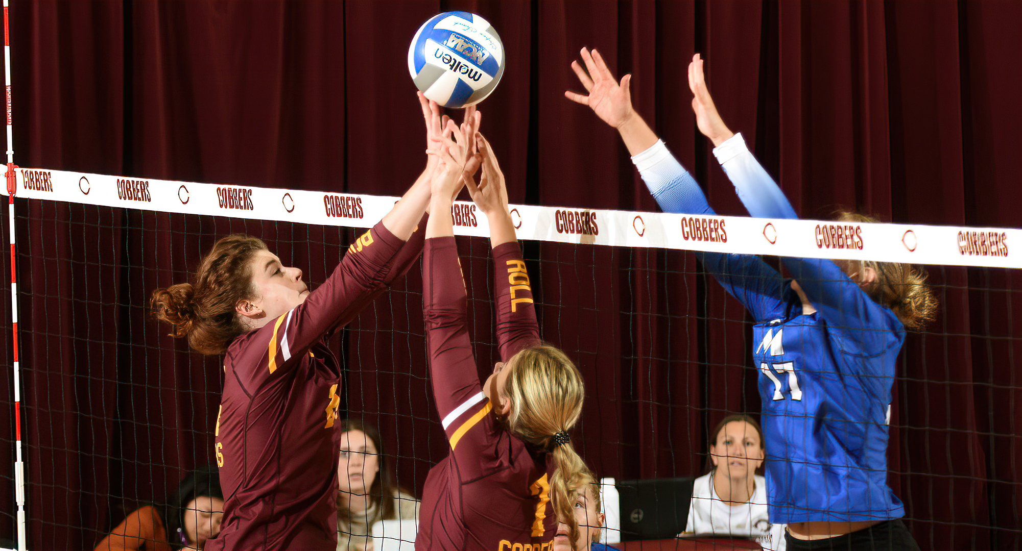Kendra Wiggs (L) led the Cobbers with 11 kills and 4.0 blocks in the team's sweep at St. Mary's. Kaia Lill (#7) had a team-high 31 assists.