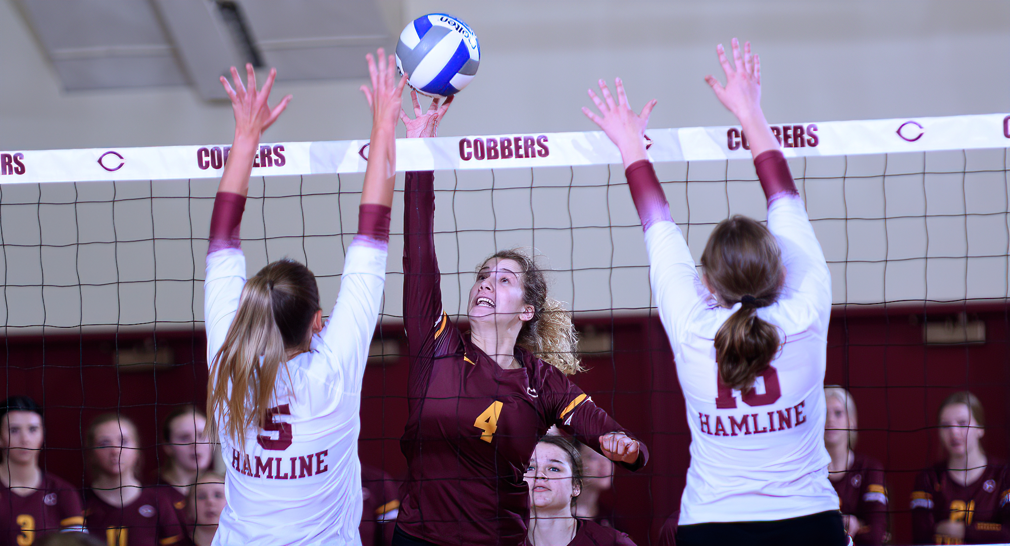 Sophomore Maria Watt tips the ball past the block for one of her career-high 17 kills in the Cobbers' thrilling 5-set victory over Hamline in the home finale.