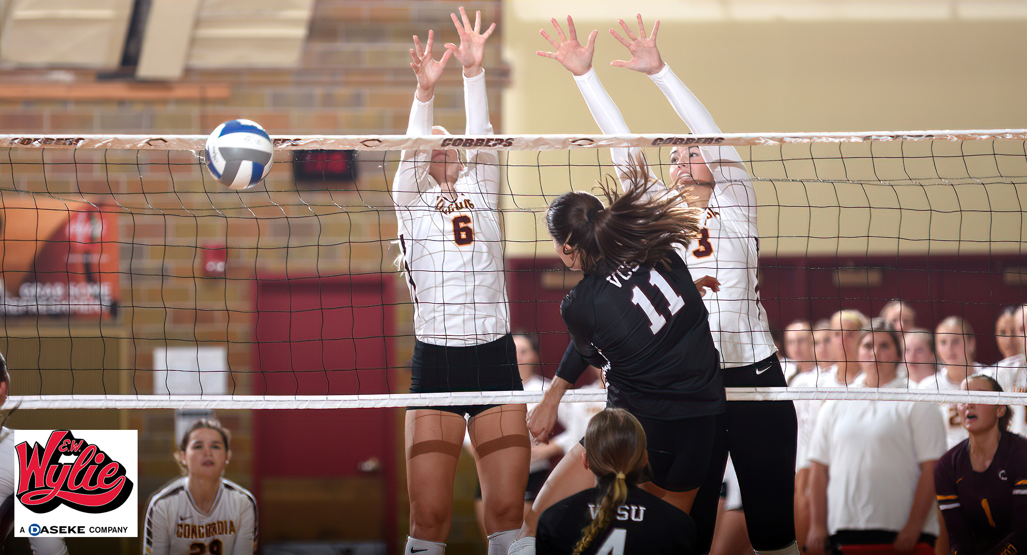 The blocking tandem of Madison Kisch (L) and Mallory Leitner force an attack error during the Cobbers' match with Valley City State.