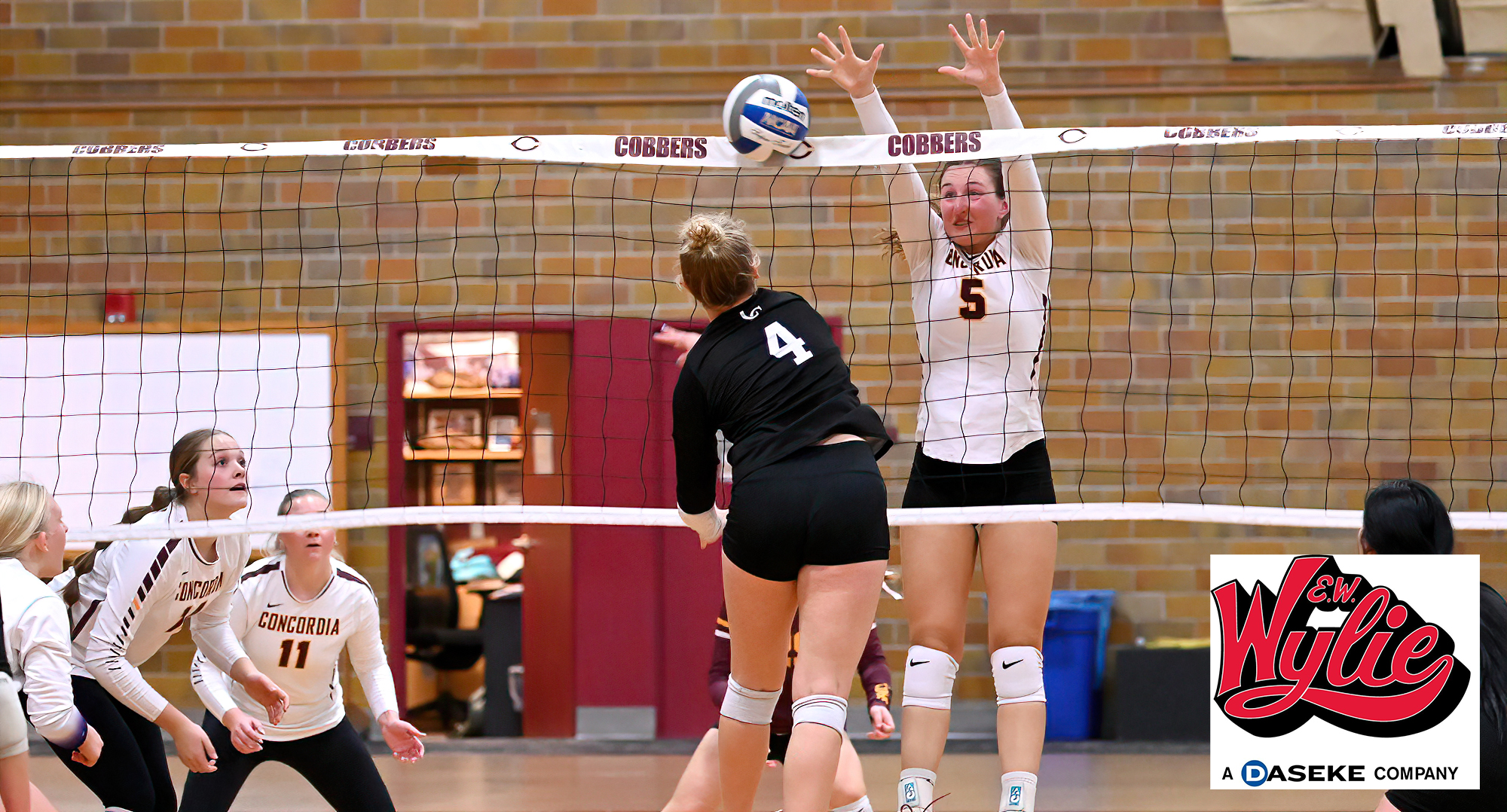 Junior Megan Olson goes up for the block in Concordia's sweep over Crown in the final non-conference game of the year.